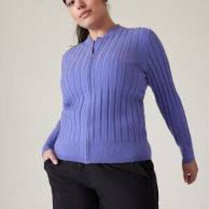 Athleta Fairway Sweater Full Zip Cardigan SZ XL Adonis Blue Stretch Golf NWOT